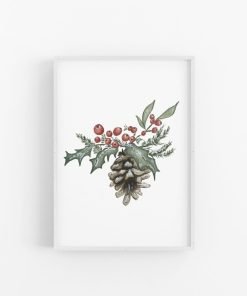 Holly Berry & Pinecone Watercolor Holiday Art Print