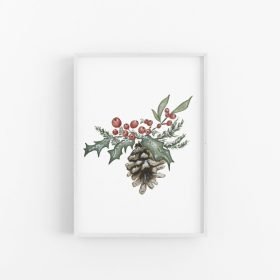 Holly Berry & Pinecone Watercolor Holiday Art Print